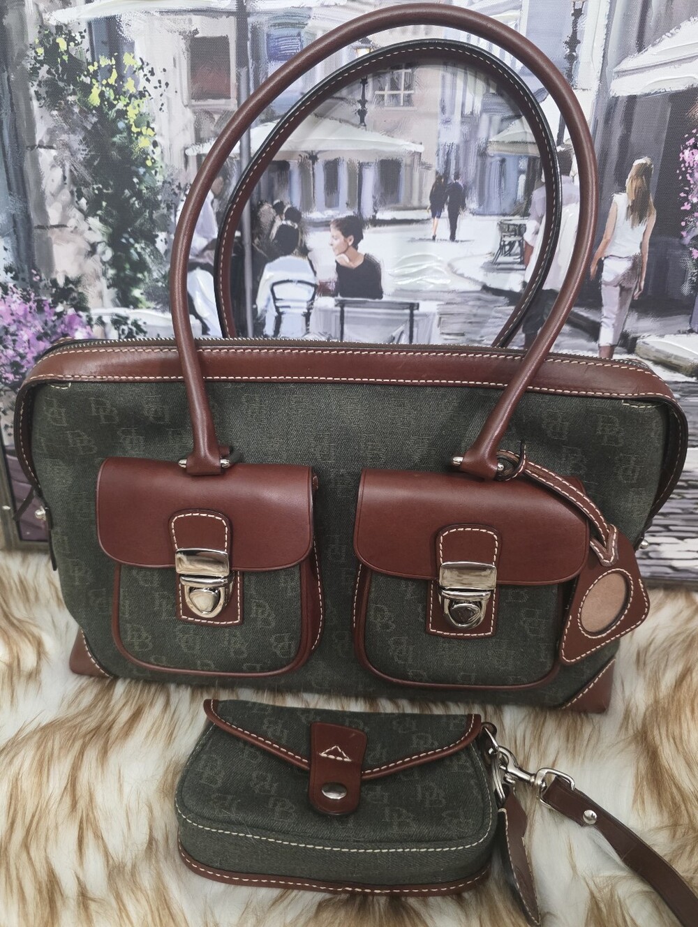 Dooney & Brooke in green - Brown Leather Accent Satchel with Wrist Pouch.